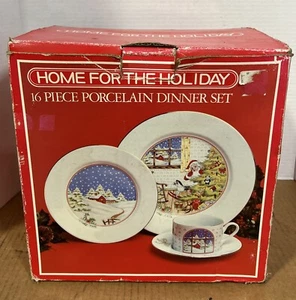 Juego de vajilla de porcelana Home For The Holidays 16 piezas con adornos de oro 22k caja original - Imagen 1 de 7