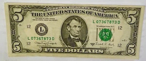 1988 A- Repeater Five Dollar Bill Fancy Number L07367873D - Picture 1 of 4