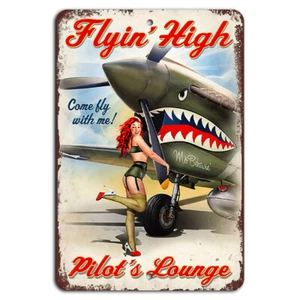 Pin Up Girl Flying High Metal Sign Vintage Military Decor 8"x12" - Picture 1 of 1