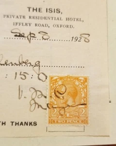 THE ISIS HOTEL bill/receipt OXFORD with Revenue STAMP VF condition !! - Picture 1 of 3