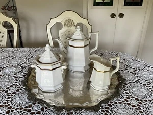 Antique White Biedermeier -Ironstone Tea Pot Creamer And Sugar Bowl - England - Picture 1 of 14