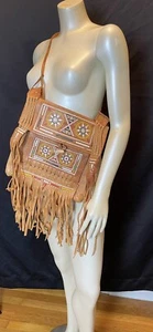 Vintage 60s~70s Hippie Ethnic Fringed Moroccan Leather Cross Body Purse Tote - Picture 1 of 12