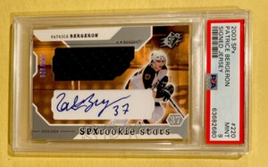 PATRICE BERGERON 2003-04 SPX ROOKIE STARS JERSEY AUTO CUT autograph PSA MINT 9