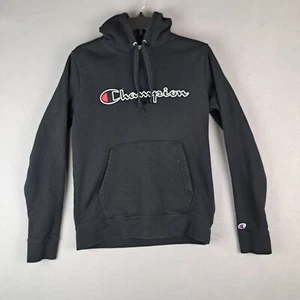 Champion Sweatshirt Mens Small Black Script Logo Hooded Casual Athleisure Hoodie - Picture 1 of 13