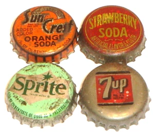 Vintage Lot of 4 Cork Lined Soda Bottle Caps 7UP, Sprite, Sun Crest, Strawberry - Picture 1 of 6