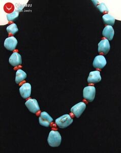 15-20mm Baroque Blue Turquoise Pendant Necklace for Women Long 20'' Red Coral