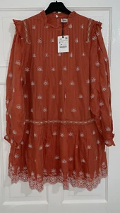 ZARA CAROL ORANGE MINI DRESS WITH CUTWORK EMBROIDERY RUFFLE TRIMS SIZE S BNWT - Picture 1 of 9