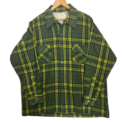 Vintage 60s JB Hunter Mens Size XL Green Yellow Wool Plaid Shirt Button Front - Image 1 of 4
