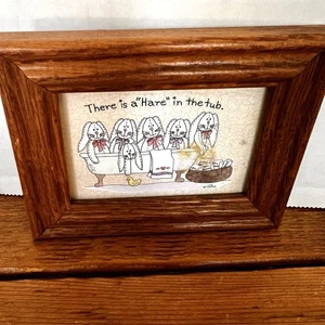 Vintage 90s Bathroom Wall Decor Artwork 4.5x3.5” “Hair In The Tub” small Framed - Picture 1 of 6
