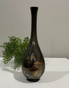 Vintage Japanese Chokin Bronze/Brass/Copper Etched Metal Bud Vase Fuji Pagoda - Picture 1 of 9