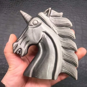 Natural Silver Obsidian Quartz Carved Unicorn Reiki Healing Decoration 4.63'' - Picture 1 of 8