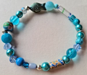 Glasperlen Achat Armband blau türkis, Fisch, Surfer Style Boho Hippie, 7189 - Bild 1 von 7