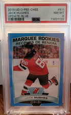 JACK HUGHES 2019-20 OPC O PEE CHEE BLUE BORDER MARQUEE ROOKIE CARD RC #611 PSA 8