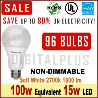 96 100W Replacement 15W LED Light Bulbs 1600L Soft White 2700k A19 NON-Dimmable - Image 1 of 2