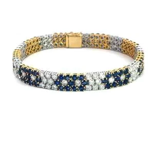 Diamond Sapphire Gold Bracelet 18k Two Tone Floral Wide Flex Link Style - Picture 1 of 6