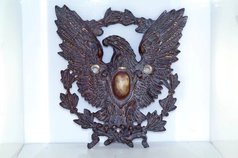 Antique 9" Brass Bronze American Eagle Door Knocker Backplate High Relief Plaque Cover