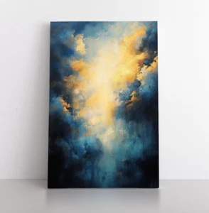 Modern Cloudscape Abstract Blue Gold Painting Print on Framed Canvas Wall Art - Picture 1 of 15