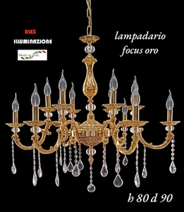 LAMPADARIO 12 LUCI FOCUS OTTONE + CRISTALLO SOSPENSIONE ARTIGIANALE ORO FRANCESE - Foto 1 di 9