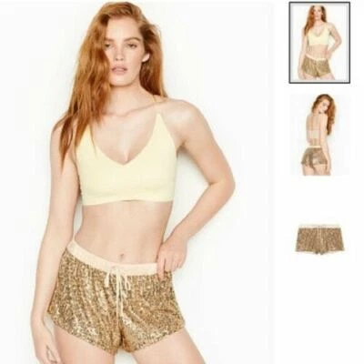 Victorias Secret Gold Sequin Bling Jogger Drawstring Relax Lounge Shorts XL  NWT - Image 1 of 3