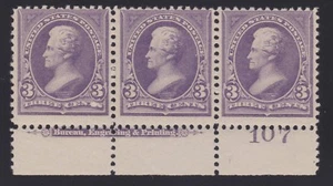 US 253 3c Jackson Mint Plt Strip of 3  #107 F-VF OG 1H/ 2NH w/ PF Cert SCV $735 - Picture 1 of 3