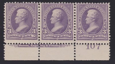 US 253 3c Jackson Mint Plt Strip of 3  #107 F-VF OG 1H/ 2NH w/ PF Cert SCV $735 - Image 1 of 3