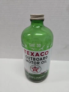 Vintage Texaco Green Glass Bottle Outboard Motor Oil Texas Boats Birds SAE 30 - Picture 1 of 5