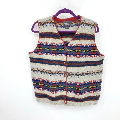 Woolrich Vintage Sweater Women Size Medium Vest 90s Wool Cardigan Gray Blue FLAW - Image 1 of 4