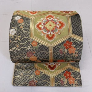 Elegant Pure Silk Fukuro Obi for Japanese Kimono - Floral & Geometric Design - Picture 1 of 18