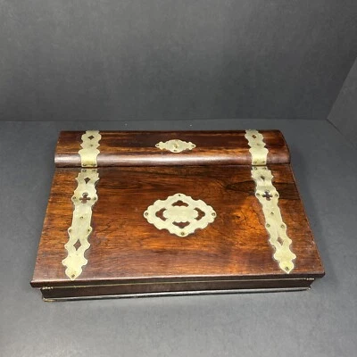 Antique Sloped Wood Folding English Lap Desk Metal Decoration Velvet Interior - Image 1 of 4