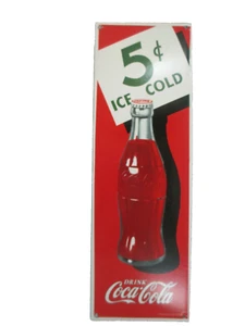Coca-Cola Enamelware Sign Retro Reproduction 5 Cents Ice Cold Red - Picture 1 of 5