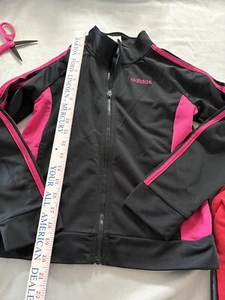 Adidas Girls Size M 10-12 Jacket Full zip Track Warm-up Black with Pink E-14 - Picture 1 of 4