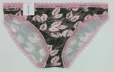 全新带标签 Calvin Klein QD3706 "Flirty" 蕾丝饰边尼龙比基尼,灰褐色/粉色 (680) — 第 1/4 张图片
