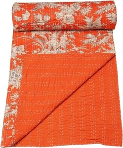 Indian Kantha Quilt Vintage Hand Block Flower Print Cotton kantha Quilt - Picture 1 of 8