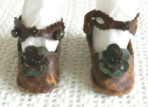 Antique Brown French Fashion Leather Doll Shoes and Black Stockings