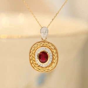 Ear Of Wheat Lab Created Ruby Natural Diamond Women Pendant Gift 14K 2-Tone Gold - Picture 1 of 7