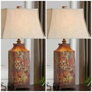 PAIR XXL 32" DESIGNER COLORFUL FLORAL PRINT TABLE LAMPS UTTERMOST  - Picture 1 of 3