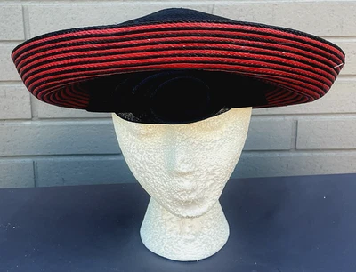 Sombrero de paja vintage de ala negra y roja para mujer Foto 1 de 4