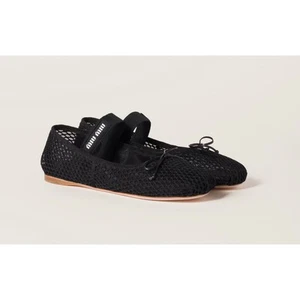 Miu Miu Mesh Ballerina Flat Ballet Black Fabric 36 Flat Logo - Picture 1 of 7