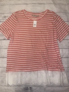 Womens XL Loft Coral Striped Short Sleeved Shirt NWT  - Picture 1 of 3