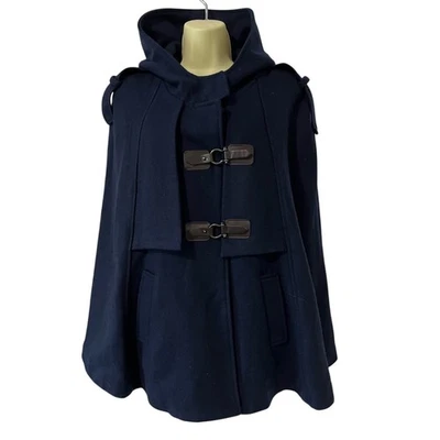 Navy Blue Wool Blend Cape Coat Jacket Size Large Hooded Vintage Look Chartou - Image 1 of 4