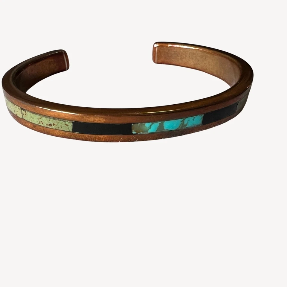 Vintage Native American Southwestern Santo Domingo Copper Cuff Bracelet Inlaid T - Image 1 of 4