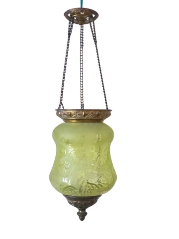 Gorgeous French Lantern Baccarat Style 1900 Brass Chandelier Ceiling Green Glass Cover