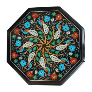Mesa auxiliar octogonal de mármol negro de 12" con incrustación de diseño de pavo real obra de arte - Imagen 1 de 8