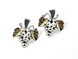 Vintage .925 Sterling Silver 2-Tone Grape Cluster & Leaf Post Earrings, Mexico - Picture 1 of 8