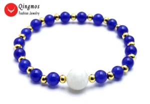 6mm Round Natural Blue Jade Bracelet for Women 10mm White White Moonstone 7.5'' - Picture 1 of 7
