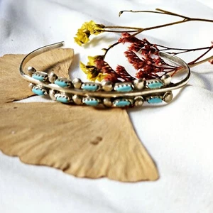 Bracelet Zuni Amérindien Turquoises Argent Sterling Signé DR Zuni Fin Poignet - Imagen 1 de 23