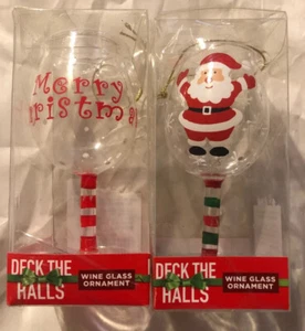 Deck the Halls-Hand Painted Wine Glass Ornaments-Merry Christmas & Santa-4” NIB. - Picture 1 of 11
