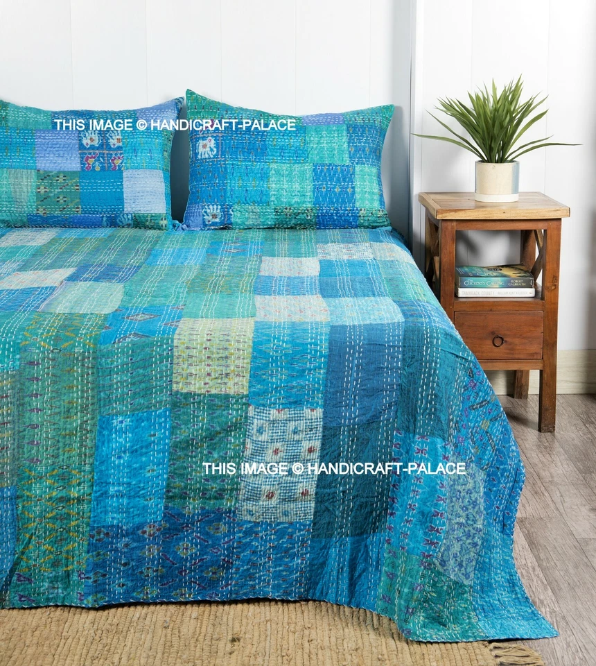 Indian Vintage Aqua Silk Patola Kantha Quilt Handmade Reversible Bedspread Queen - Image 1 of 4