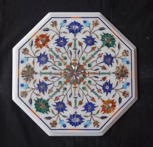 12'' Octagon White Marble Inlay Table Top Pietra Dura Handmade Decors Hotel Cafe - Picture 1 of 7