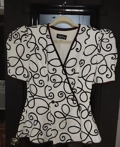 Vintage 80s Night Way White and Black Peplum Puff Sleeve Jacket - Picture 1 of 5